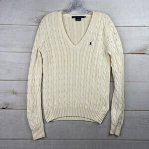 Ralph Lauren Sport Womens L Sweater Cable-Knit Cotton V-Neck Vtg Y2k 90s Jumper